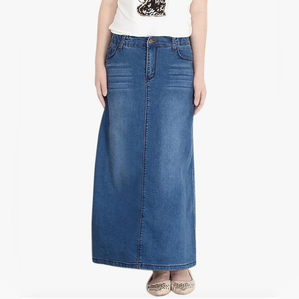Casual Stretch Waist Washed Denim A-Line Maxi Skirt Size Small